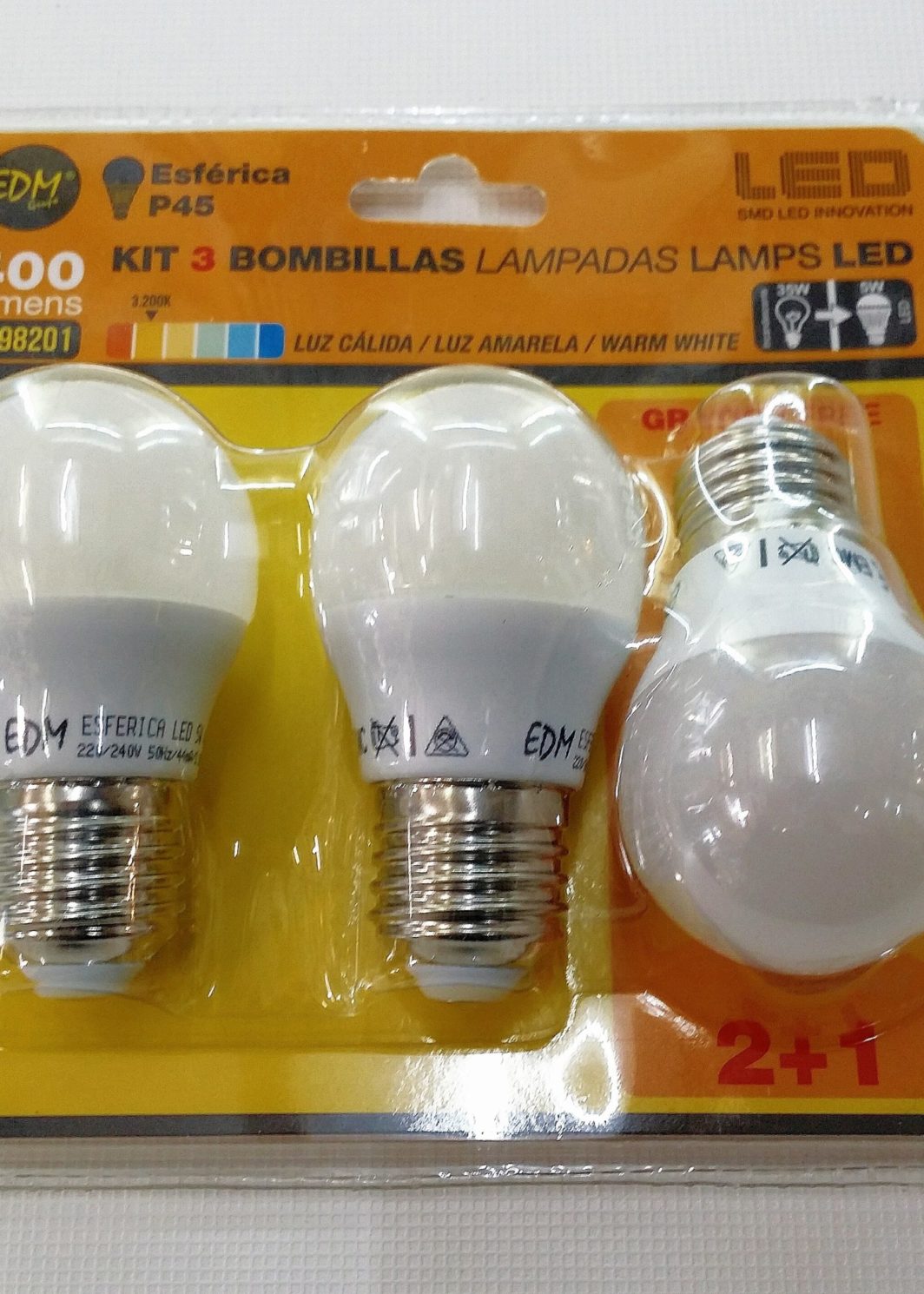 PACK 3 BOMBILLAS LED ESFÉRICAS E-27 5W LUZ CÁLIDA