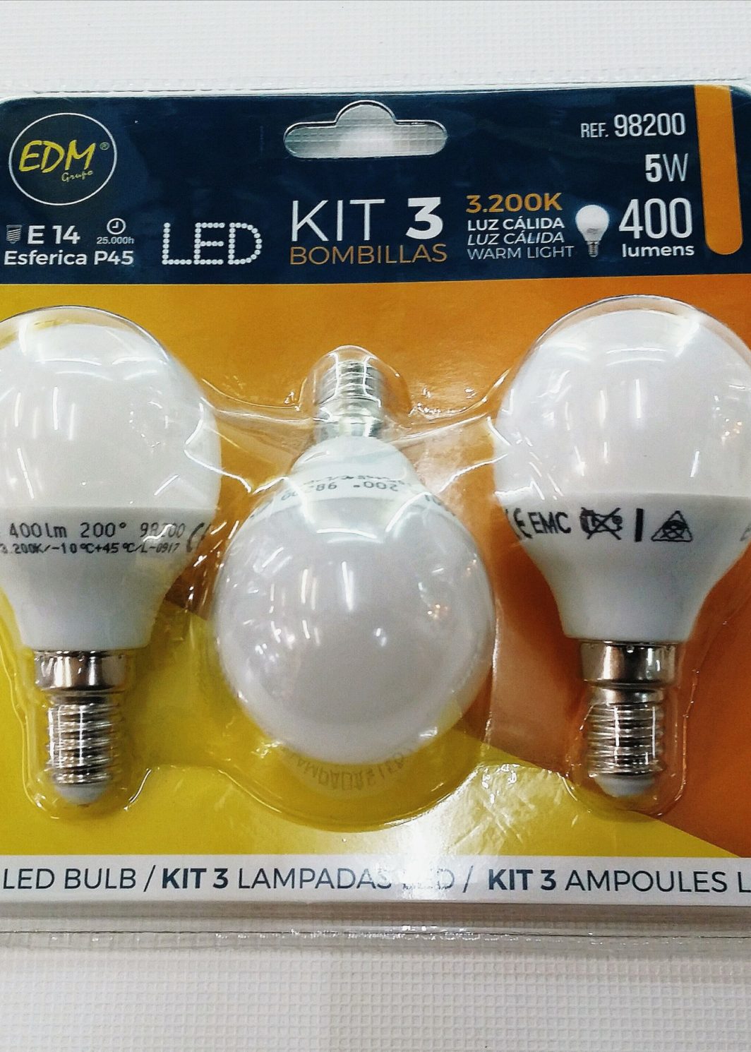 PACK 3 BOMBETES LED ESFÈRIQUES 5W E14 LLUM CÀLIDA 3.200K